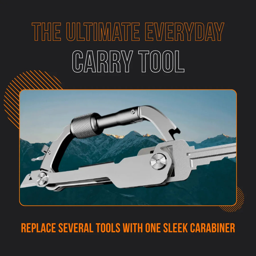 Sleek multi-tool carabiner against mountain backdrop, ultimate everyday carry tool