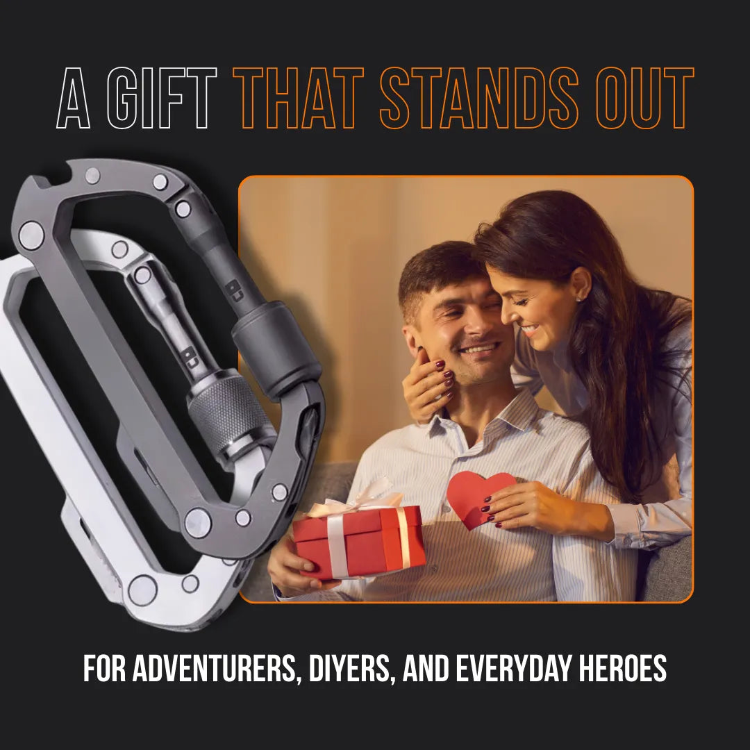 Giftable carabiner multitool with couple exchanging present, perfect for adventurers and DIYers