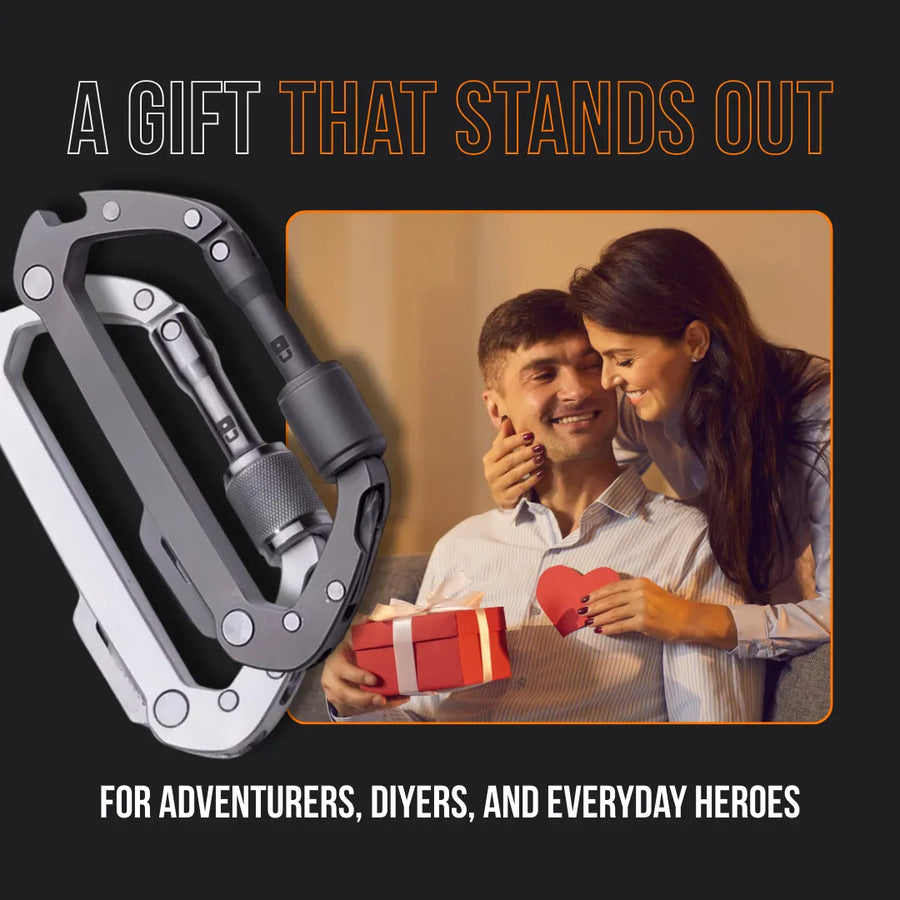 Giftable carabiner multitool with couple exchanging present, perfect for adventurers and DIYers