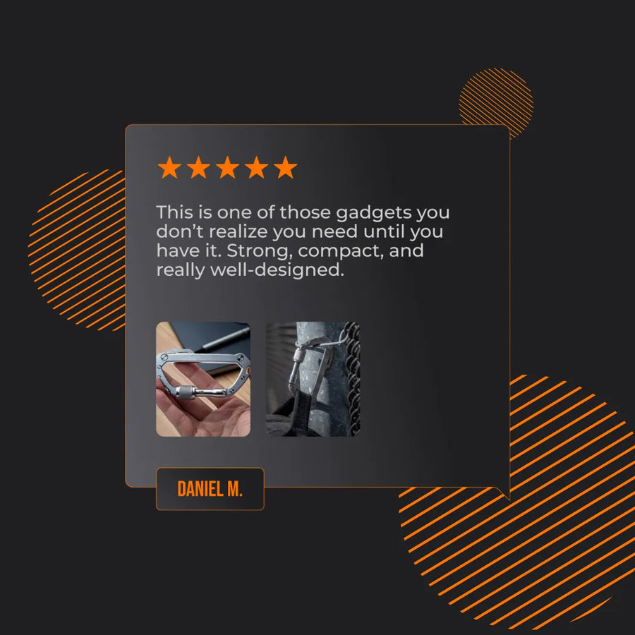 Review graphic with five-star rating, metallic carabiner close-up, and attached carabiner photos.