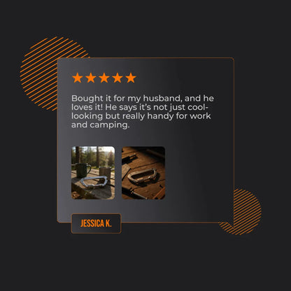 Customer review with photos of a metal carabiner for camping and work on a dark background.