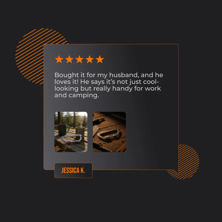 Customer review with photos of a metal carabiner for camping and work on a dark background.