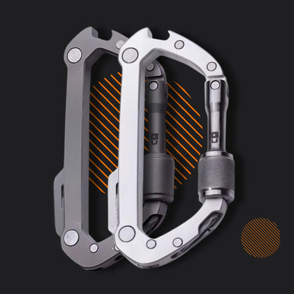 Two metal carabiners with screw lock mechanisms on black background, EDC gear