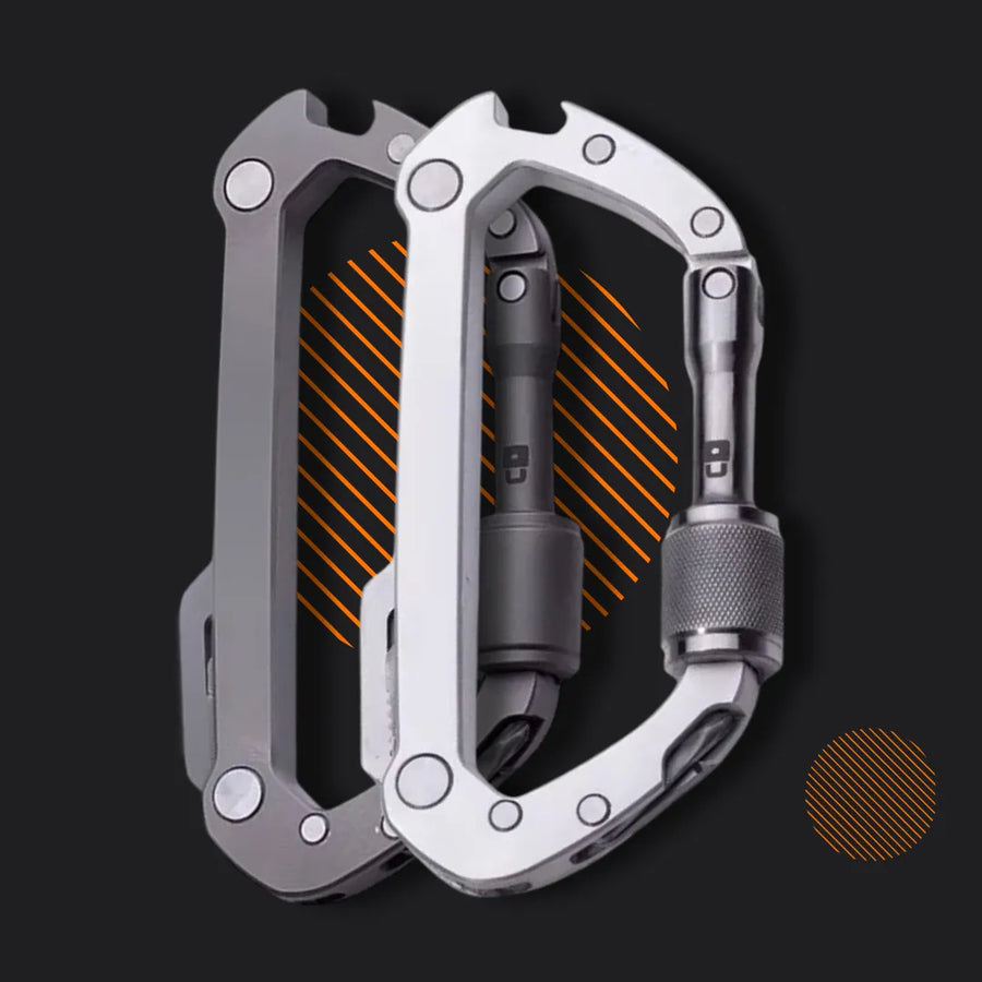 Two metal carabiners with screw lock mechanisms on black background, EDC gear