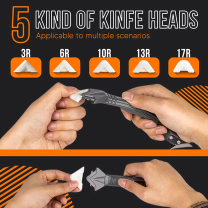 Five caulking tool heads labeled 3R to 17R, hands attaching head to caulking tool