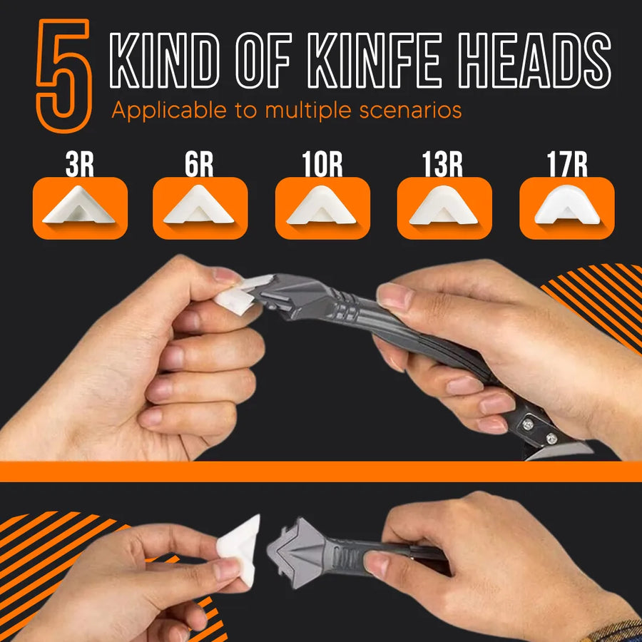 Five caulking tool heads labeled 3R to 17R, hands attaching head to caulking tool