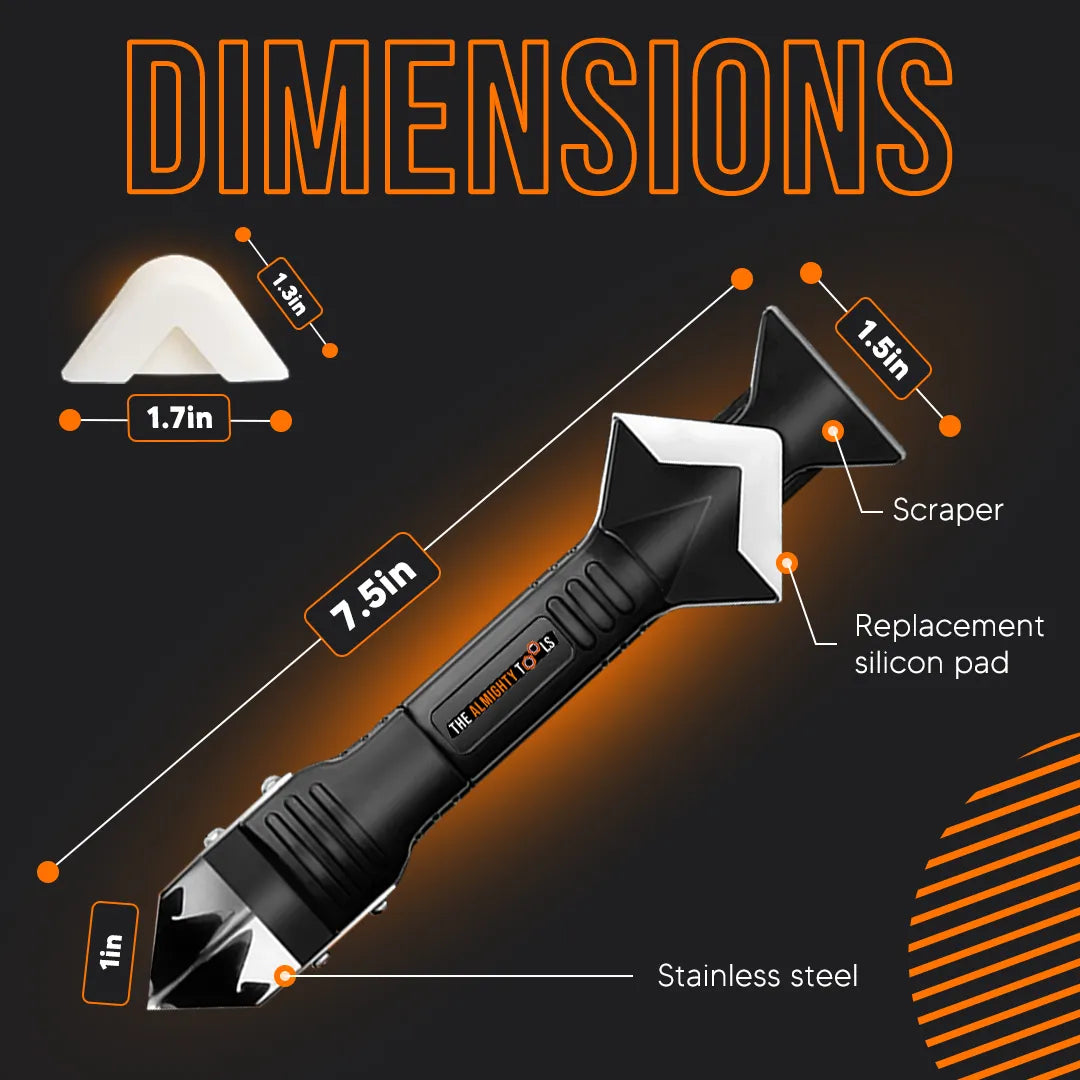 Black caulking tool with stainless steel scraper, silicon pad, labeled dimensions on dark background