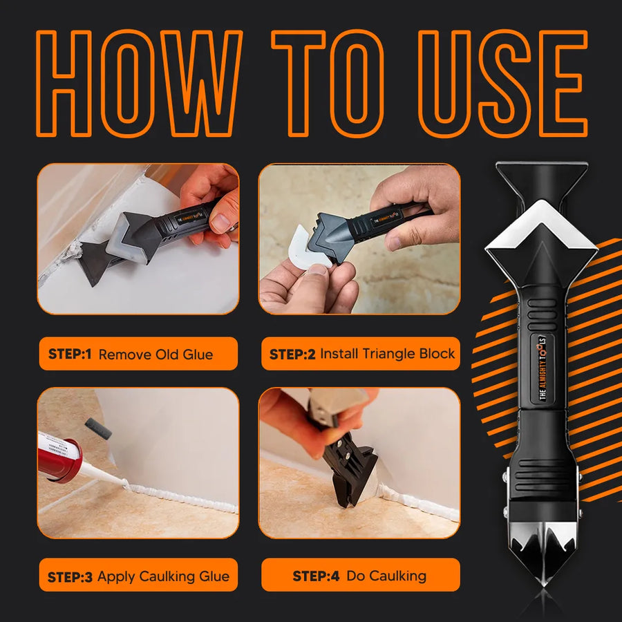 How to use caulking tool guide with steps for removing glue, installing triangle block, applying caulk, and finishing caulking on tile.