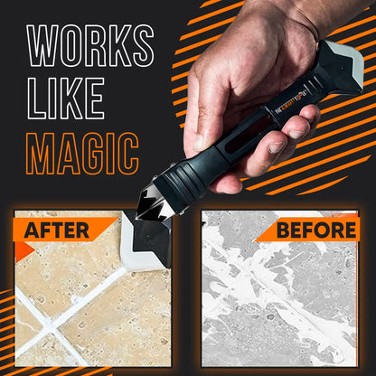 Hand holding caulking tool with before and after tile grout cleaning results