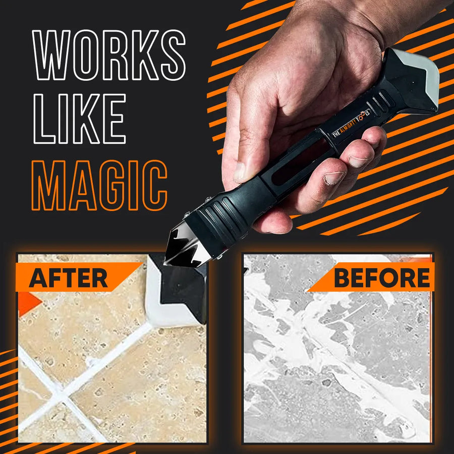 Hand holding caulking tool with before and after tile grout cleaning results