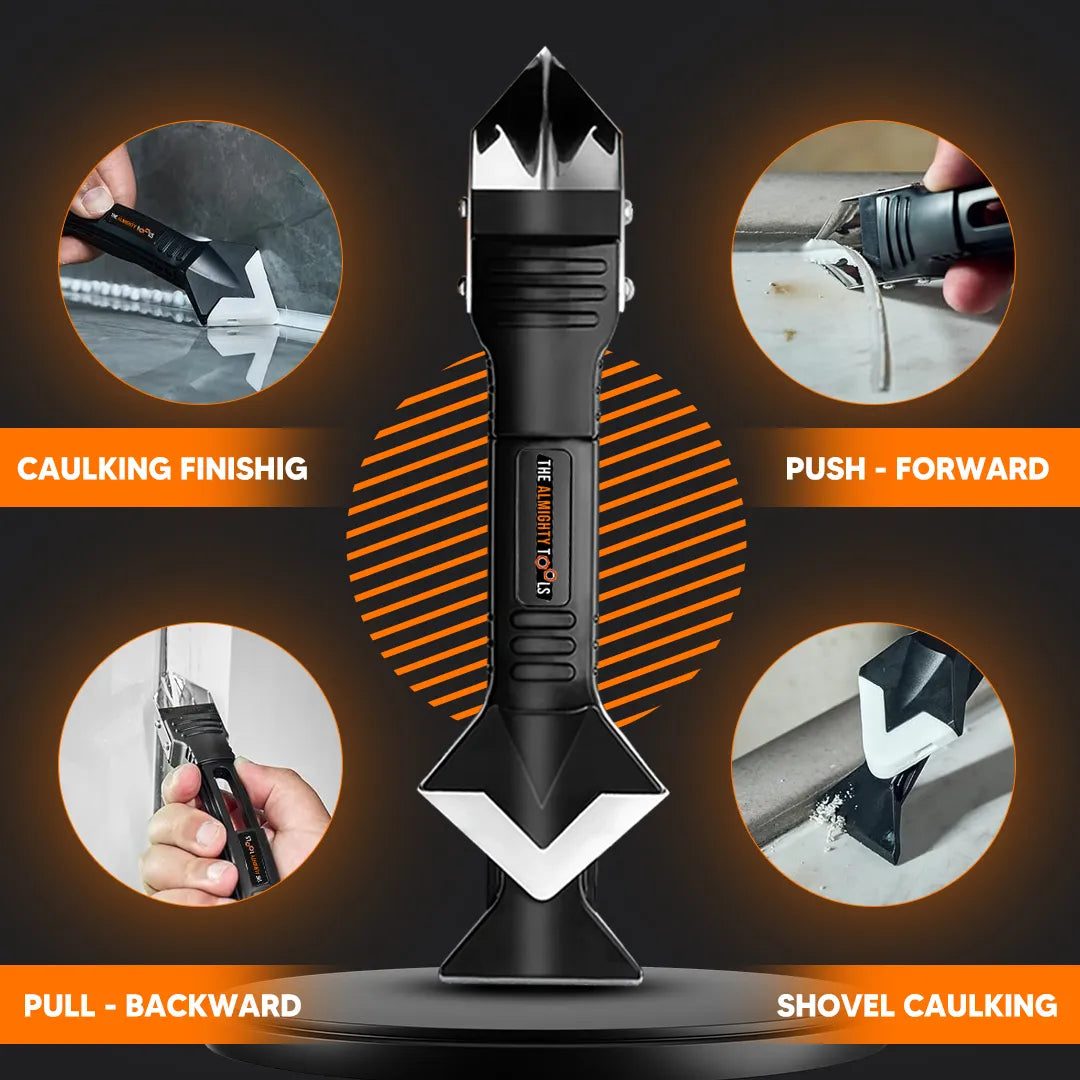 The Almighty caulking tool with black handle shown in four uses: finishing, pushing, pulling, and shoveling caulk.