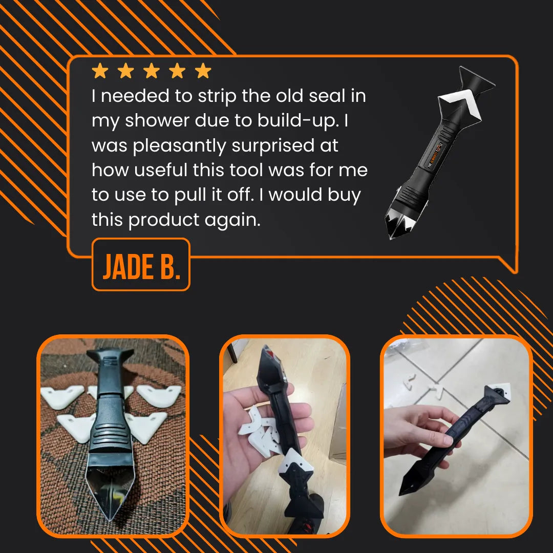 Multi-functional black caulking tool with white scraper heads shown in customer review photos