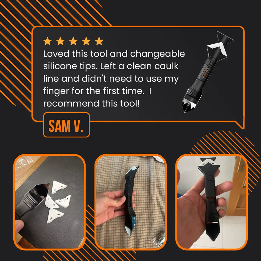 Caulking tool with interchangeable silicone tips, user review and demonstration photos.