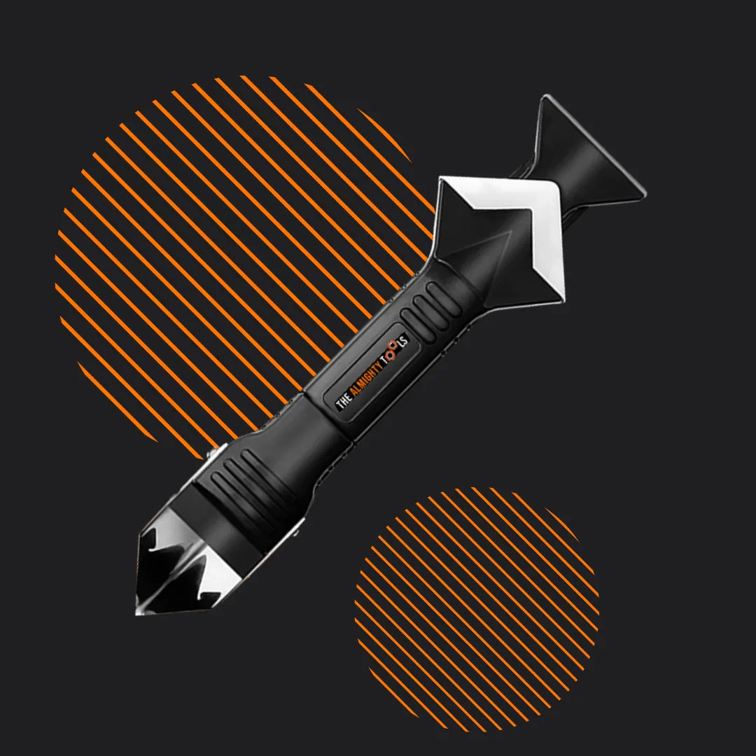 Black multi-purpose caulking tool with silver edges on a dark background with orange stripes
