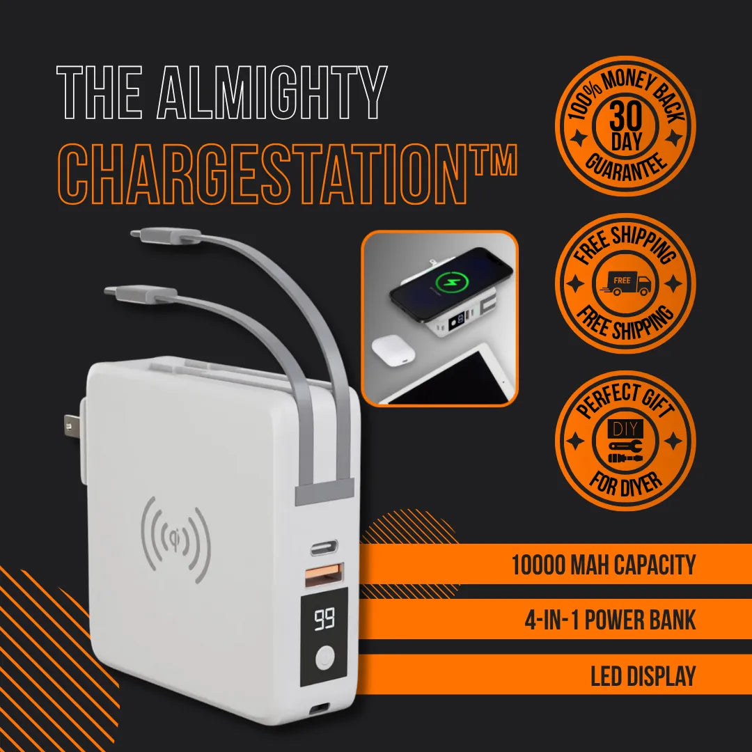 Almighty ChargeStation 4-in-1 10000mAh power bank with LED display and built-in cables