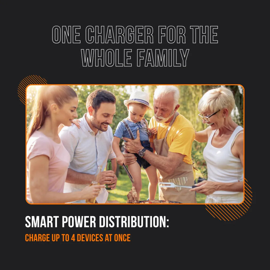 Family enjoying outdoor barbecue with text promoting multi device charging station