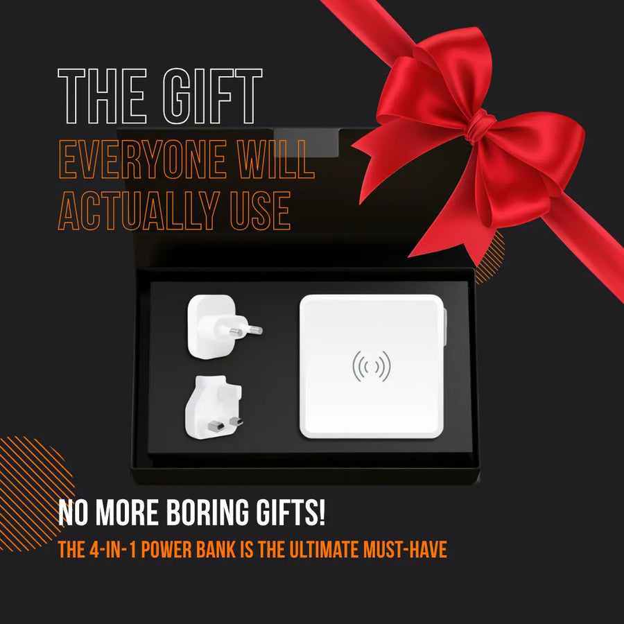 4-in-1 wireless power bank gift set in black box with universal adapters and red ribbon