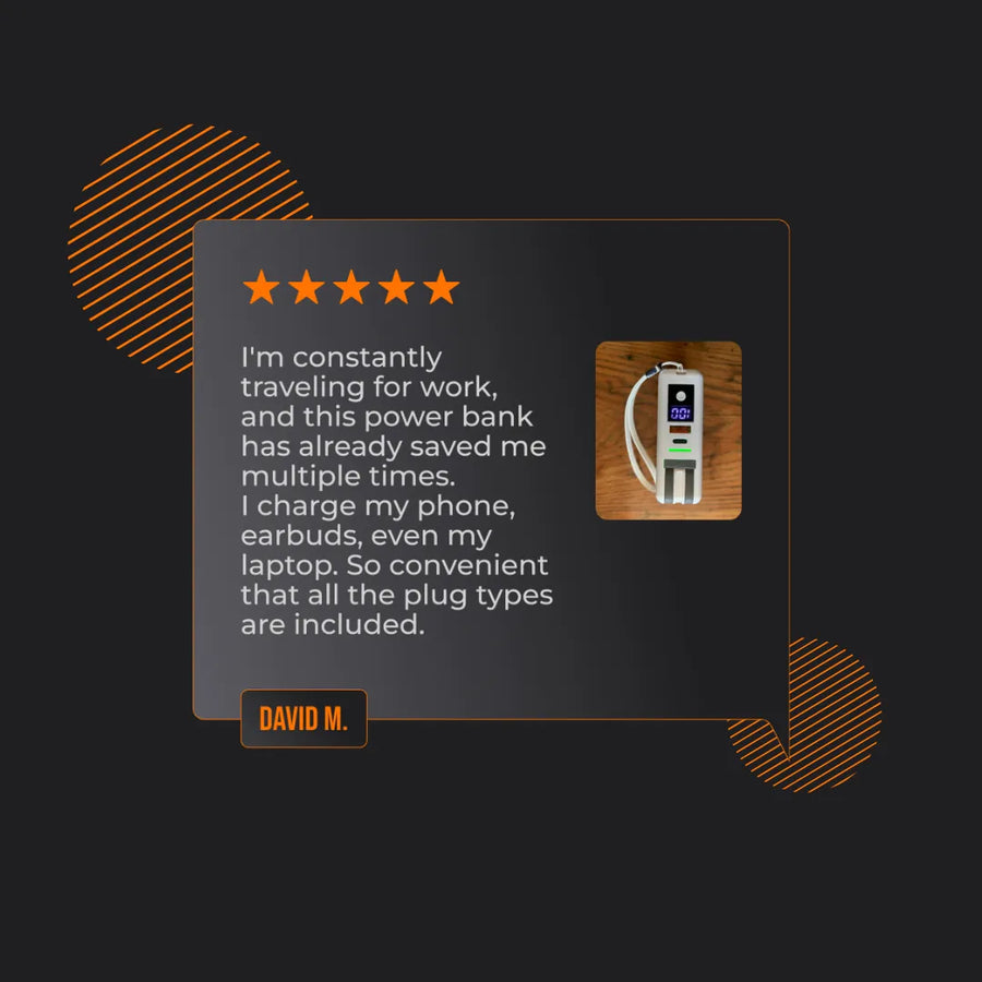 Five-star review for ChargeStation 14 power bank with multiple ports and attached cables.