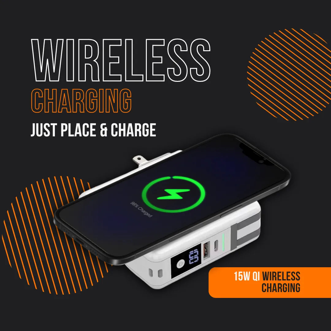Smartphone on wireless charging station, 15W Qi fast charging display, black background