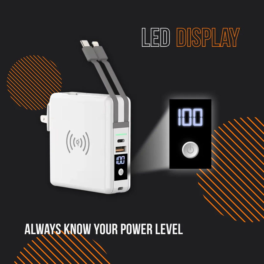 White wireless charging station with LED display showing power level, USB ports, and dual charging cables