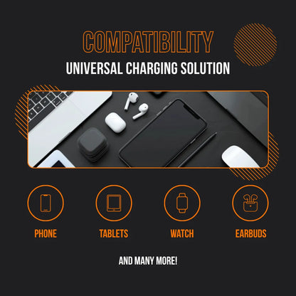 Universal charging station for phone, tablets, watch, and earbuds with tech devices on desk.