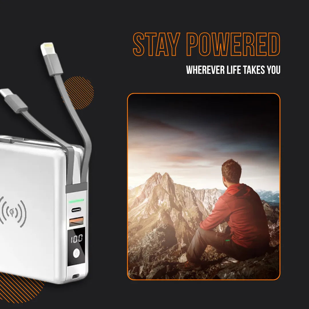 Portable wireless power bank with cables and LCD display, man overlooking mountain landscape
