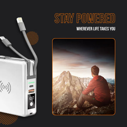 Portable wireless power bank with cables and LCD display, man overlooking mountain landscape