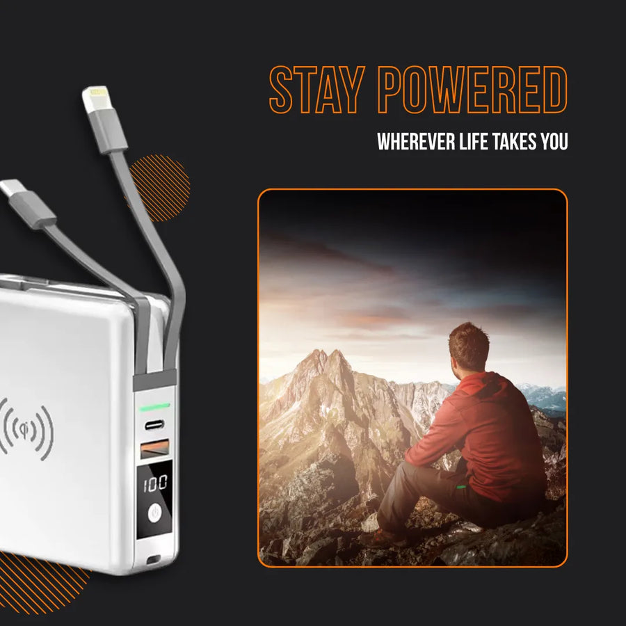 Portable wireless power bank with cables and LCD display, man overlooking mountain landscape