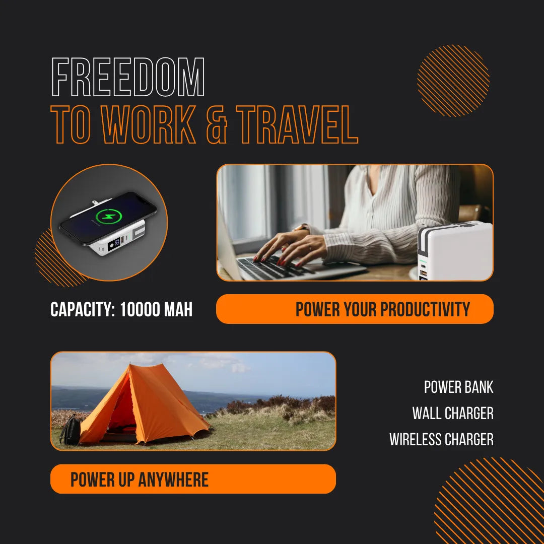 Portable 10000mAh power bank, wireless charger for travel and outdoor productivity.