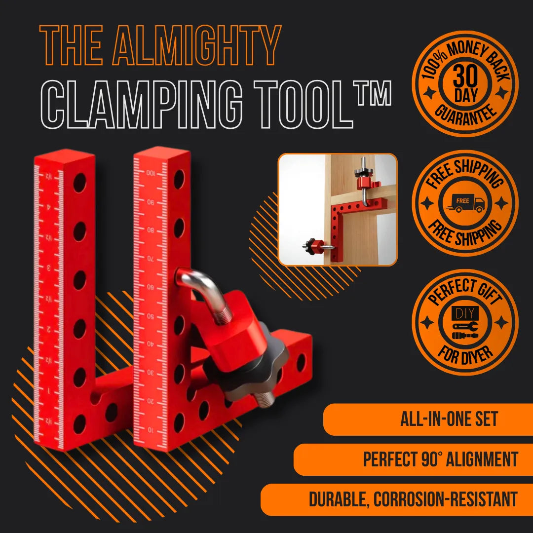 Red 90-degree clamping tool with ruler markings for woodworking, durable and corrosion-resistant.