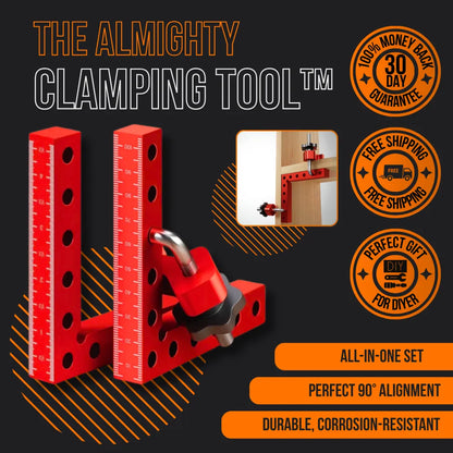 Red 90-degree clamping tool with ruler markings for woodworking, durable and corrosion-resistant.