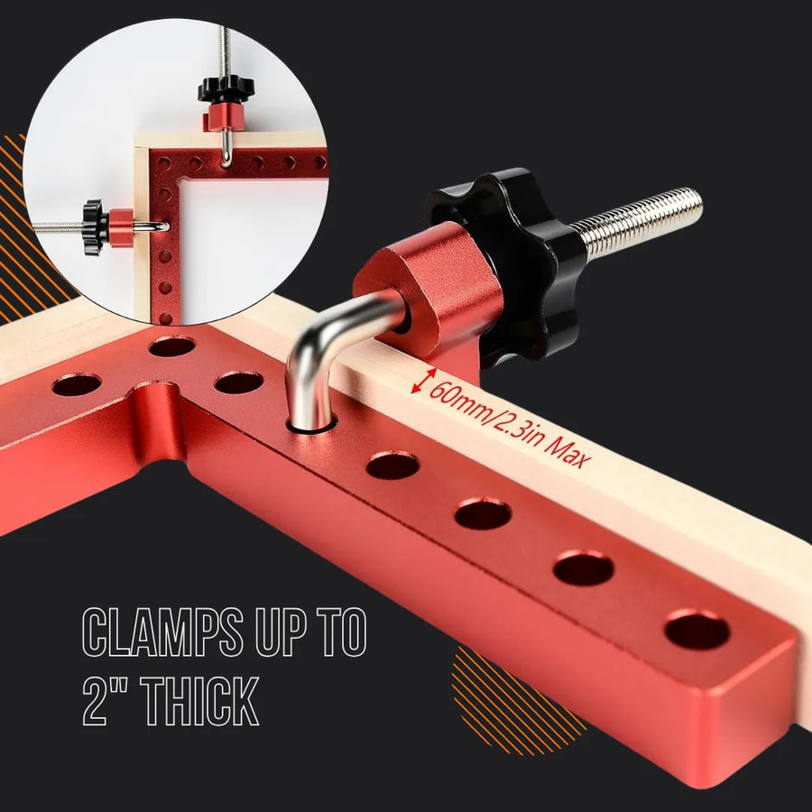 Red aluminum clamping tool for woodworking, clamps up to 2 inches thick, corner joinery.