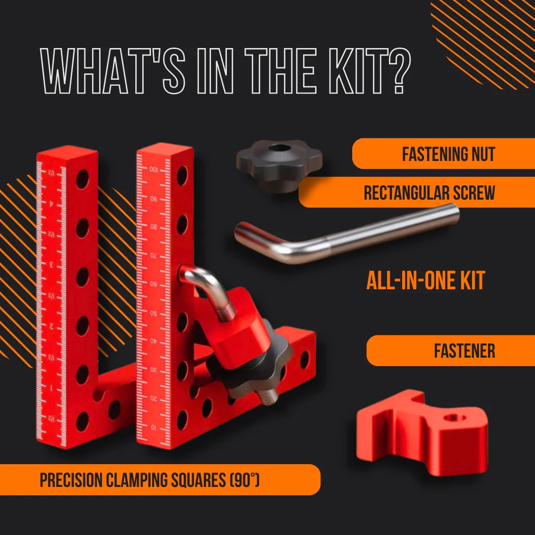 Almighty clamping tool kit with precision clamping squares, fastening nut, rectangular screw, and fastener