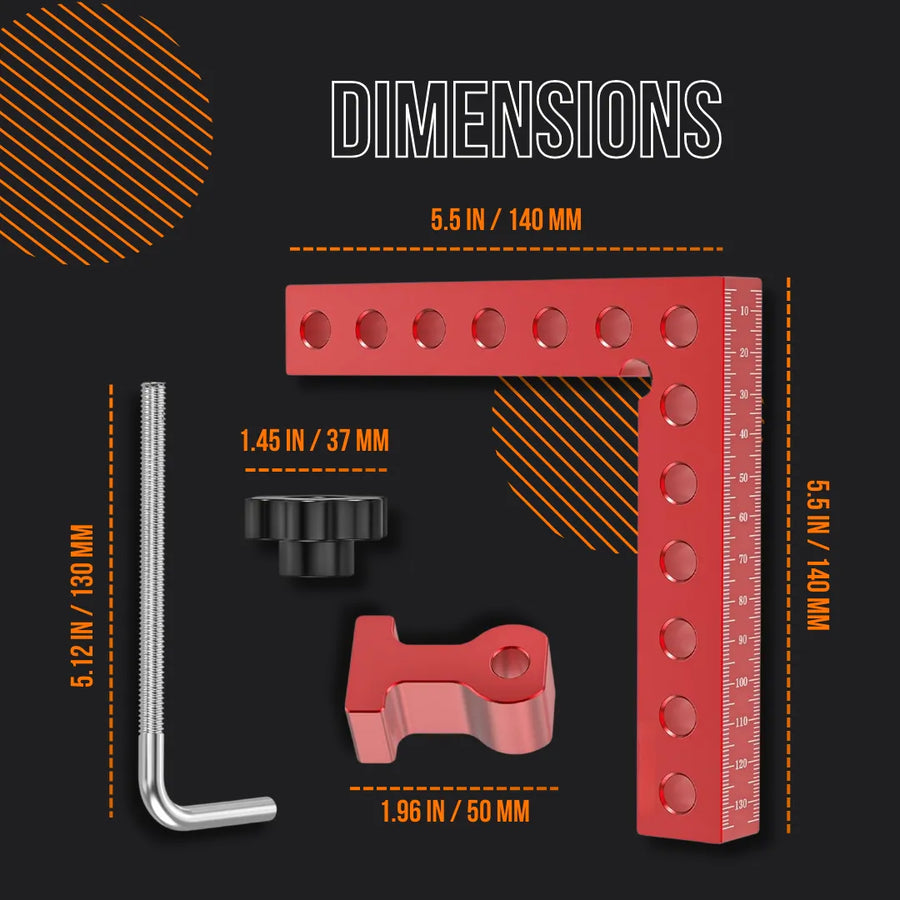Red aluminum clamping tool set with ruler and parts, dimension labels on black background
