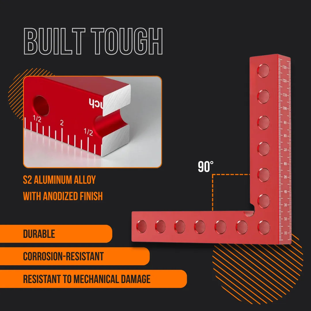 Red anodized S2 aluminum alloy clamping tool with ruler, 90-degree angle, durable and corrosion-resistant.