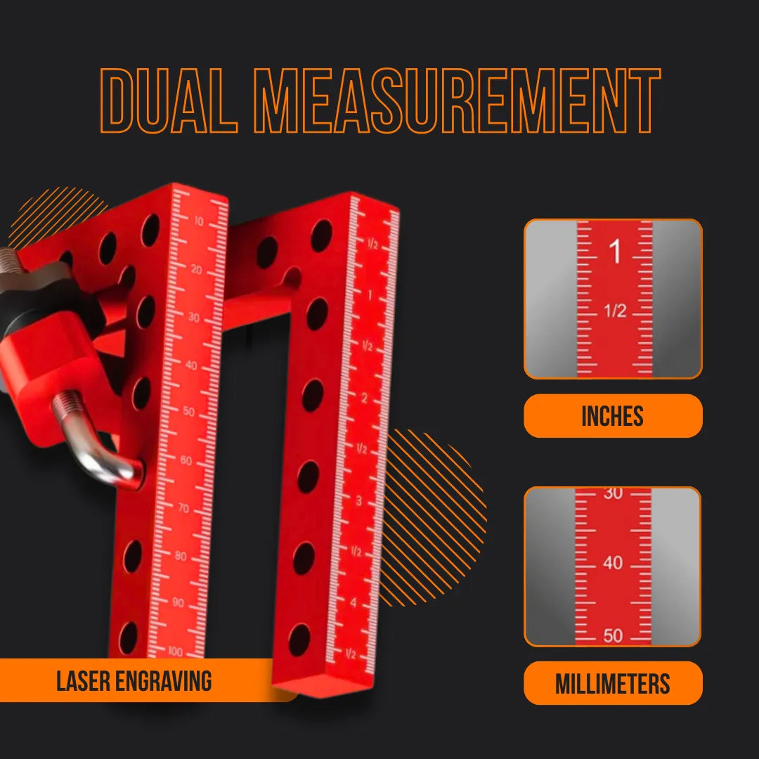 Red clamping measuring tool with dual inch and millimeter laser-engraved scales
