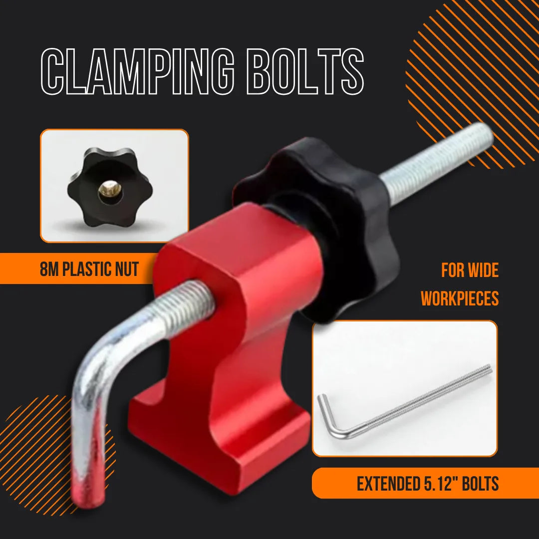 Red clamping bolt with 8M plastic nut, extended 5.12-inch bolt for wide workpieces