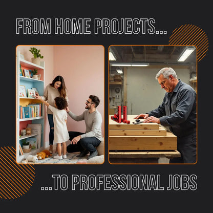 Family organizing bookshelf at home and man woodworking with clamping tool in workshop