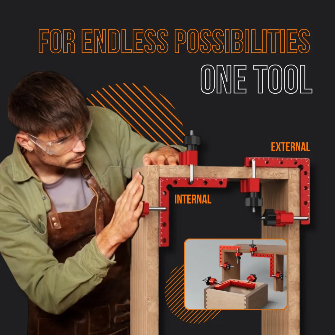 Man using red clamping tool for woodworking on a wooden frame, text highlights internal and external use.
