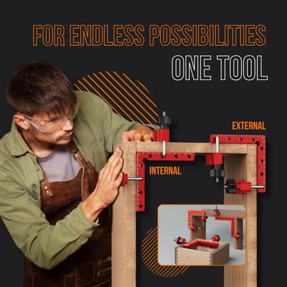 Man using red clamping tool for woodworking on a wooden frame, text highlights internal and external use.
