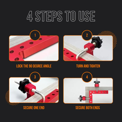 Four-step guide showing how to use a red 90 degree woodworking clamping tool.
