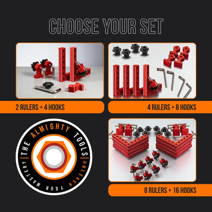 The Almighty Clamping Tool set options with red rulers, hooks, and tool parts on display.
