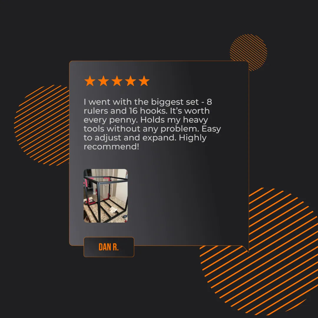 Five-star review for heavy-duty clamping tool set with rulers and hooks, user photo included.