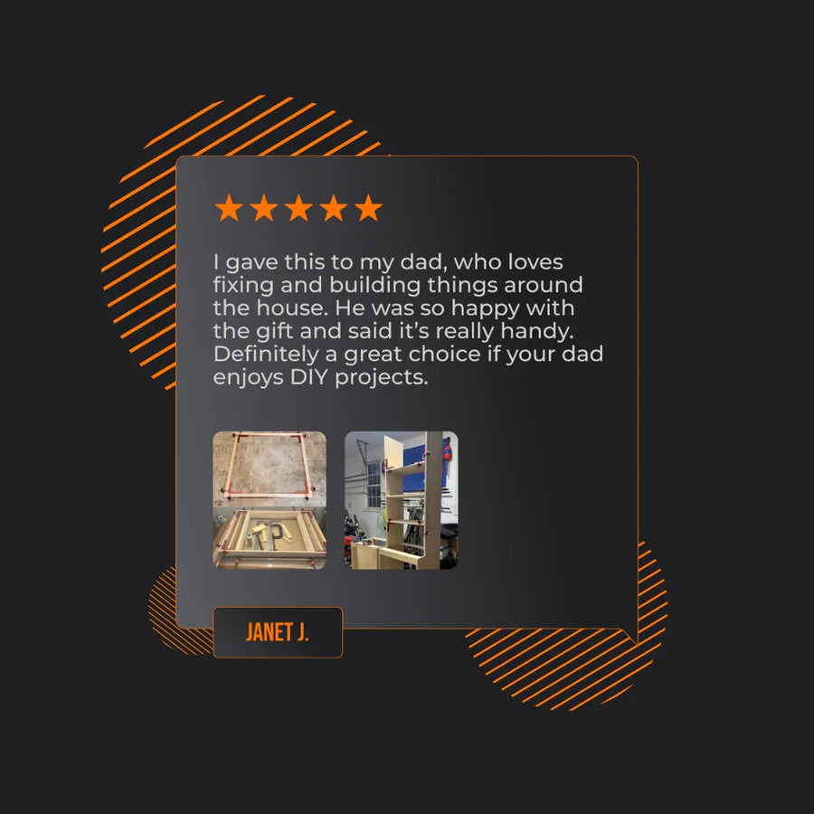 Five-star review for clamping tool, DIY project photos, user testimonial on dark background