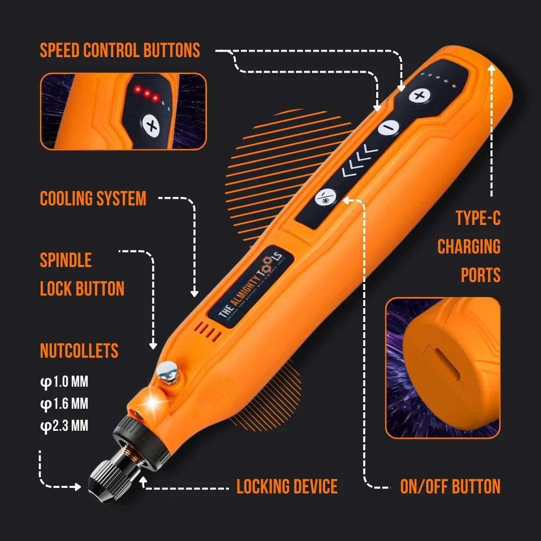 Orange electric rotary tool with labeled speed control, spindle lock, Type-C port, and nutcollets