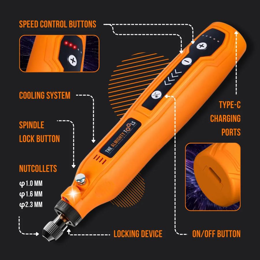 Orange electric rotary tool with labeled speed control, spindle lock, Type-C port, and nutcollets