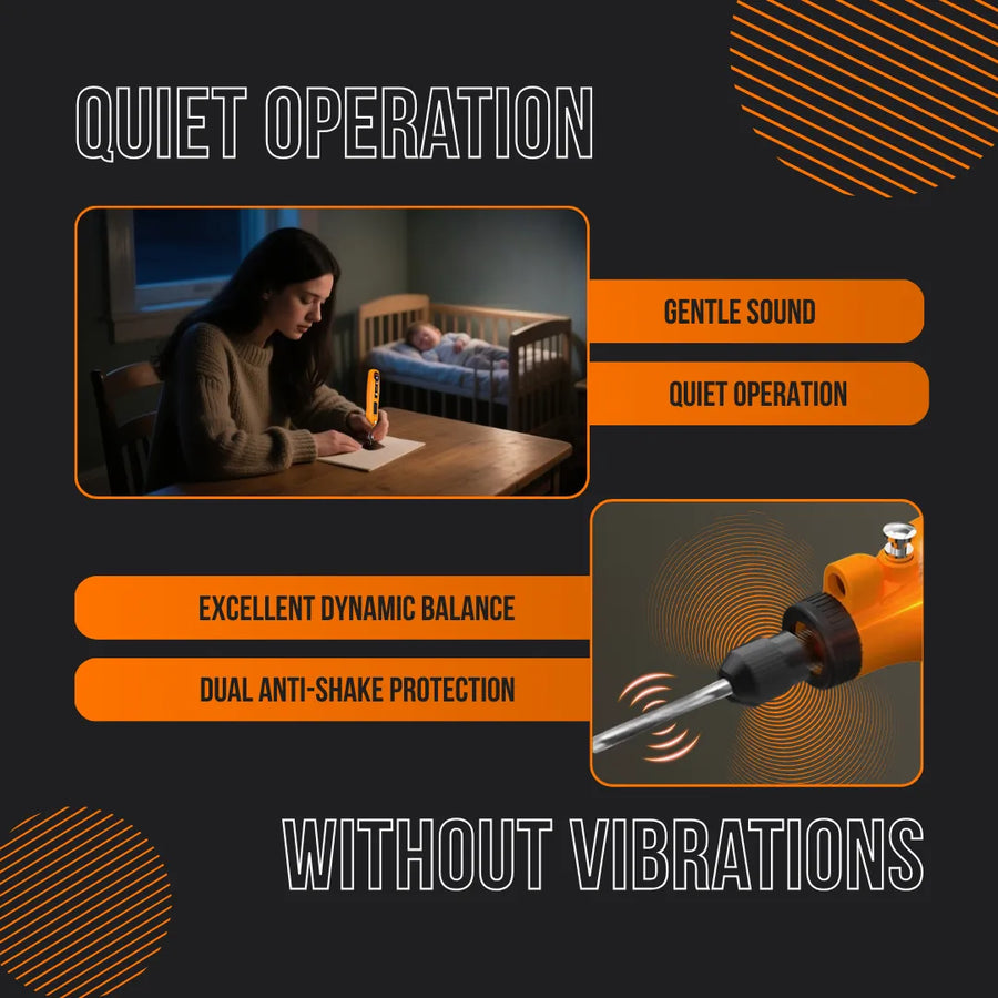 Woman using quiet tattoo machine at night, baby sleeping, promoting quiet operation and no vibrations.