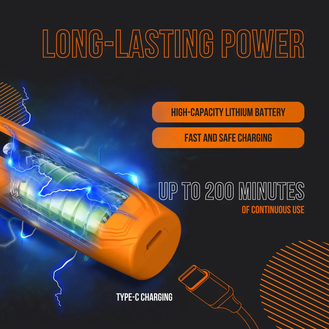 Orange lithium battery with lightning effects, labeled long-lasting power, USB-C charging