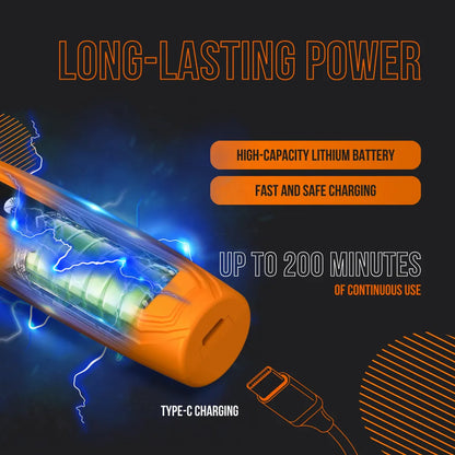 Orange lithium battery with lightning effects, labeled long-lasting power, USB-C charging