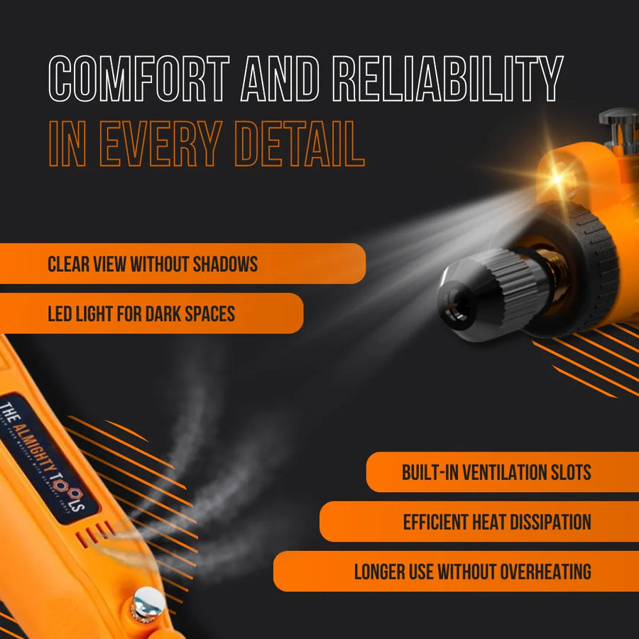 Orange rotary tool with LED light, built-in ventilation, and heat dissipation features